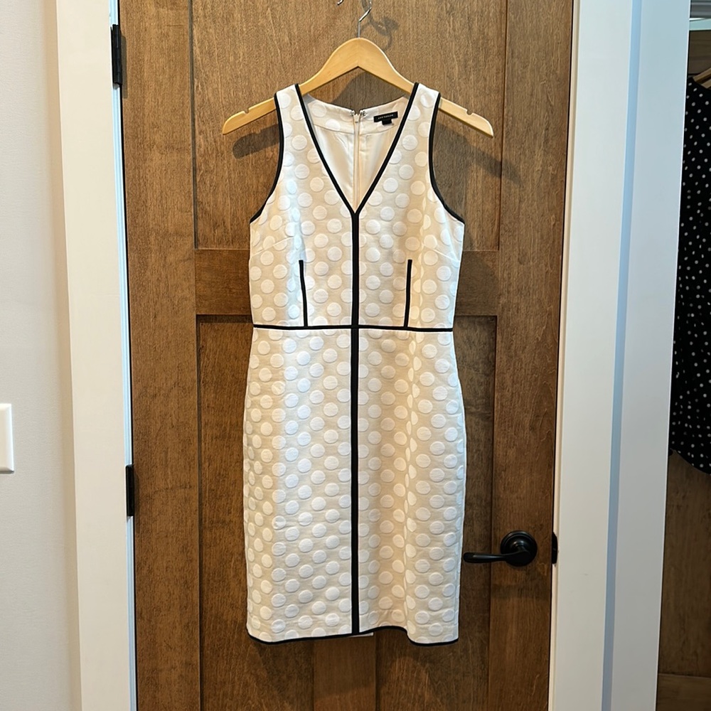Ann Taylor Ivory Dot Sheath Dress with Black Piping Trim